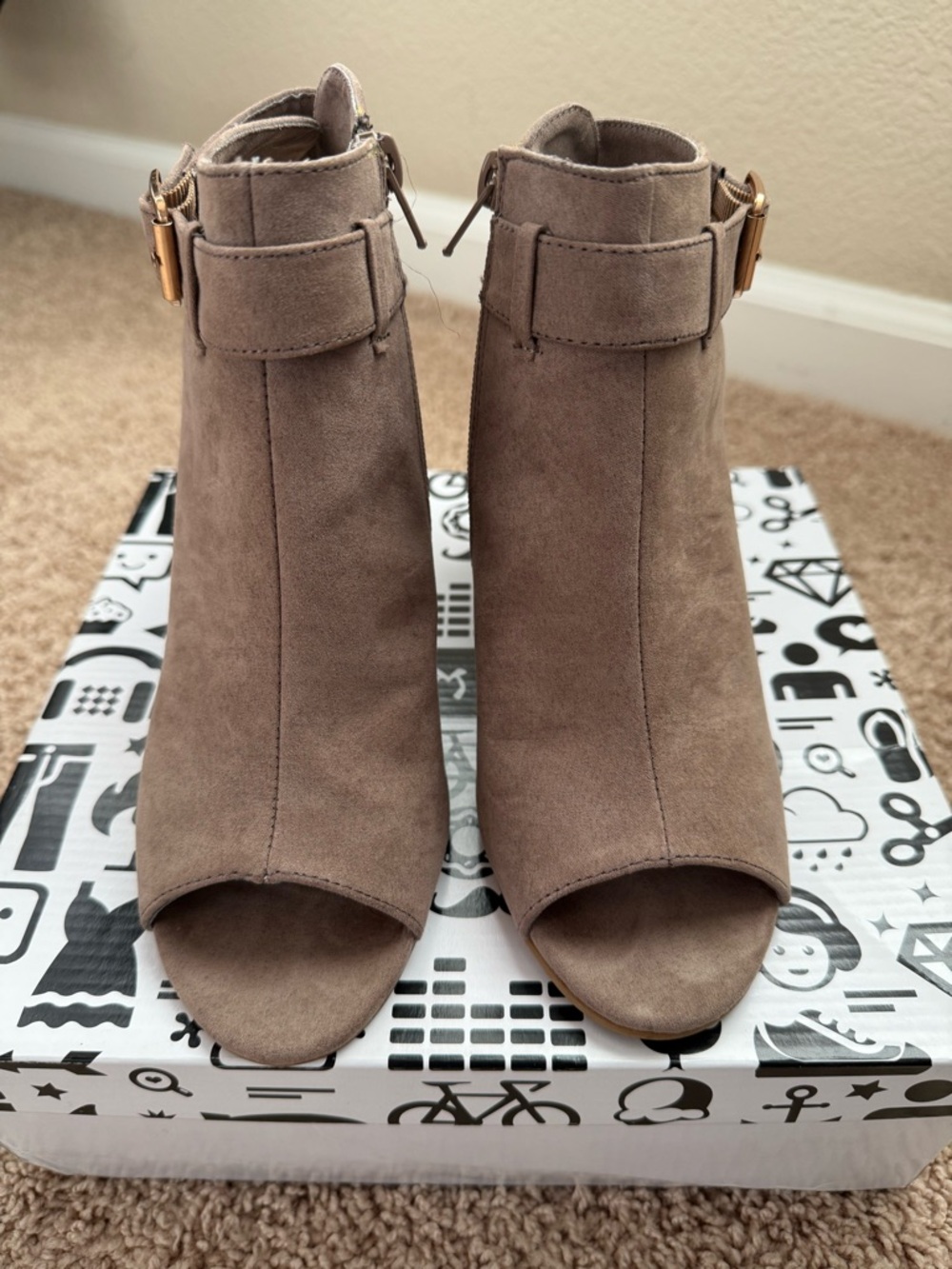BAMBOO Taupe Suede Peep-Toe Ankle Booties with Gold Buckle